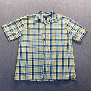 STRUCTURE‎ Plaid Shirt Button Down Short Sleeve Mens Large Classic Yellow Blue